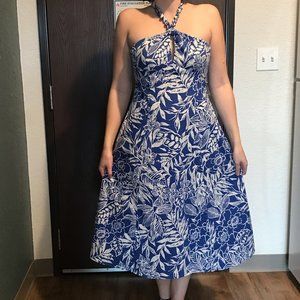 Blue Hawaiian Floral Beaded Halter Dress